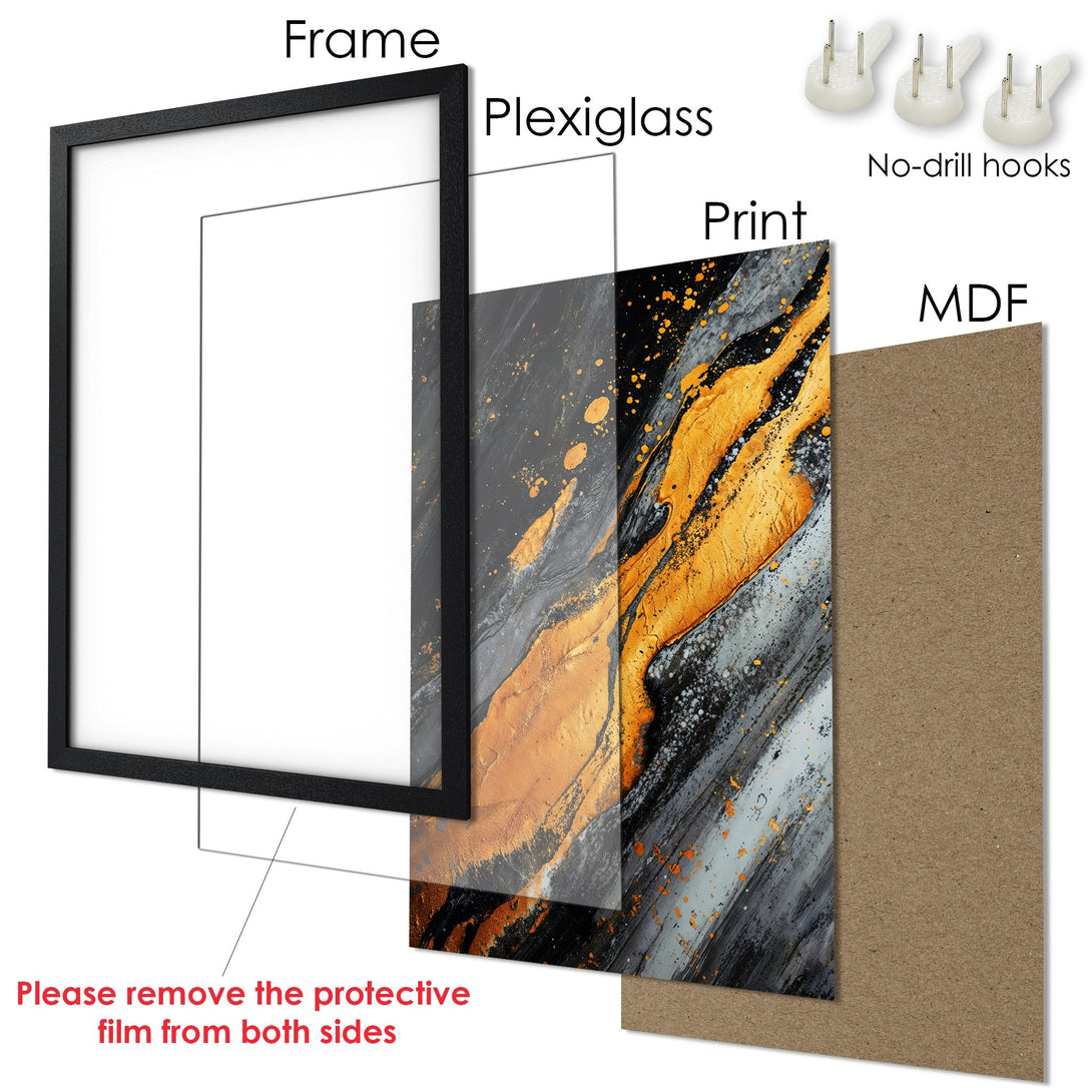 Framed Poster featuring abstract art in gold, gray, and black. Modern wall art for home decor. Easy to hang with included hooks.