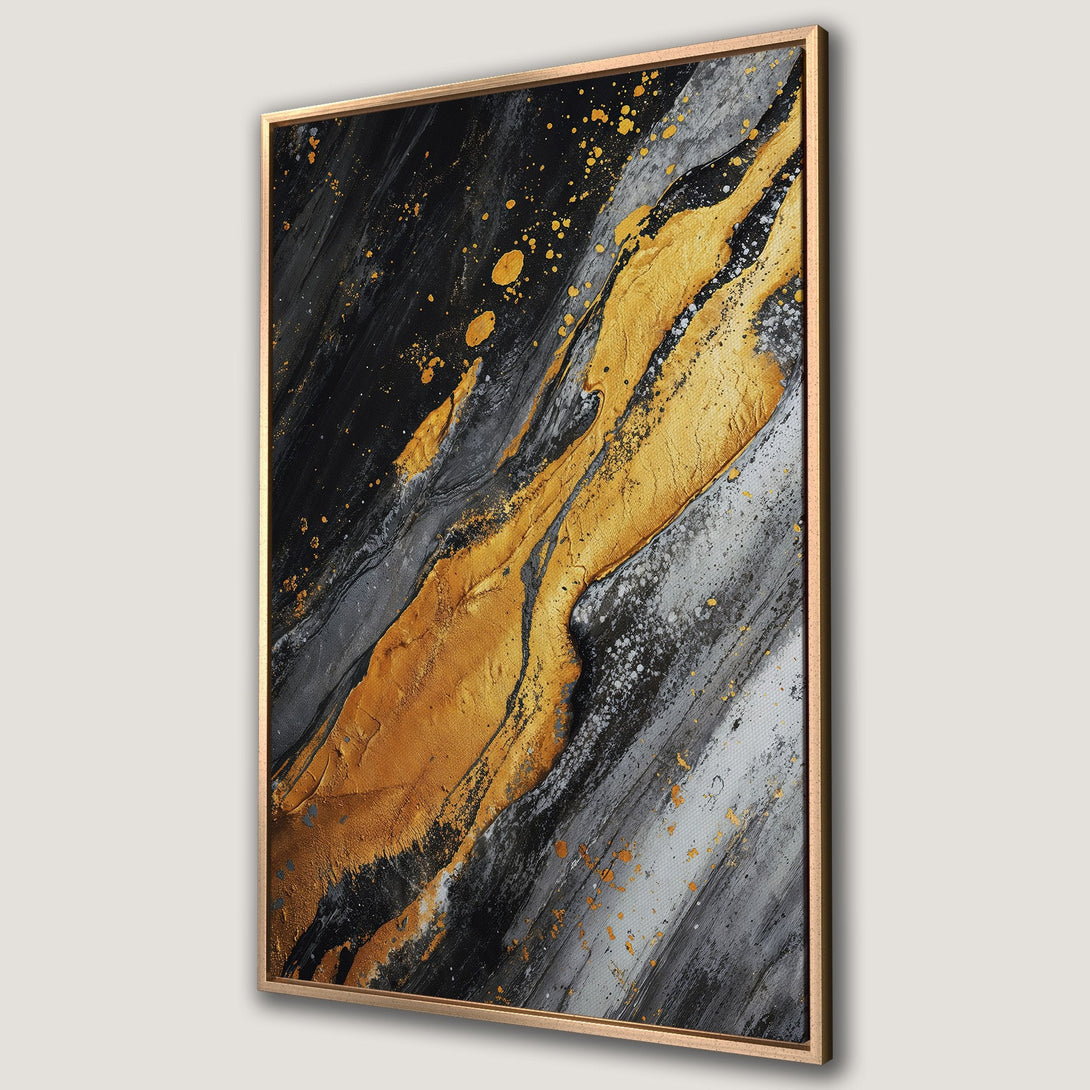 Framed Wall Art: Abstract gold, black, and gray canvas print. Modern art piece with textured brushstrokes. Elevate your space with this stunning artwork!