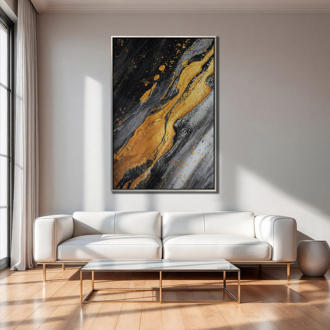 Framed Wall Art: Abstract gold, black, and gray painting. Modern art canvas print adds a touch of luxury to any interior.
