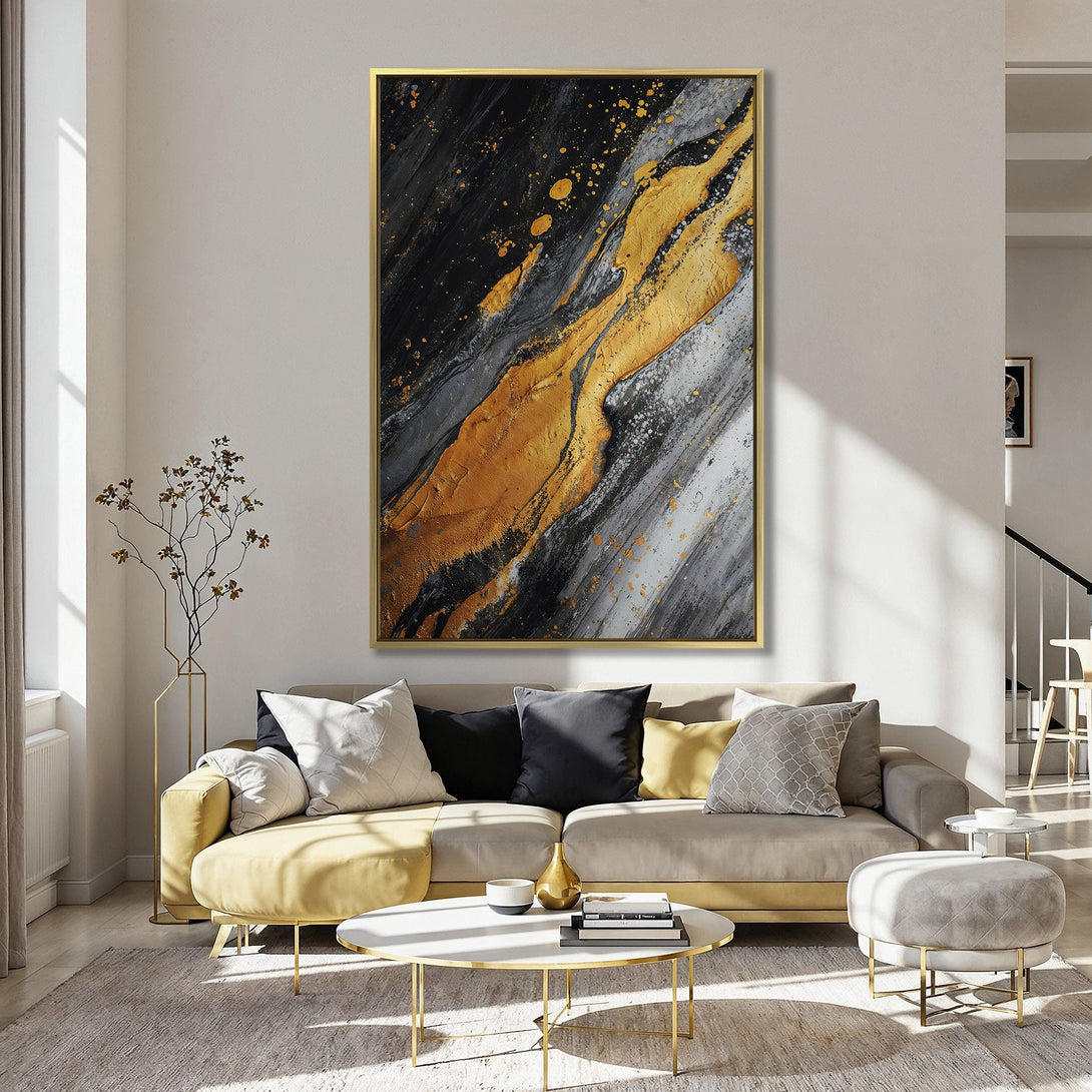 Abstract Canvas Print in black, gold, and gray. Modern art for your home. Enhance your decor with this stunning piece!
