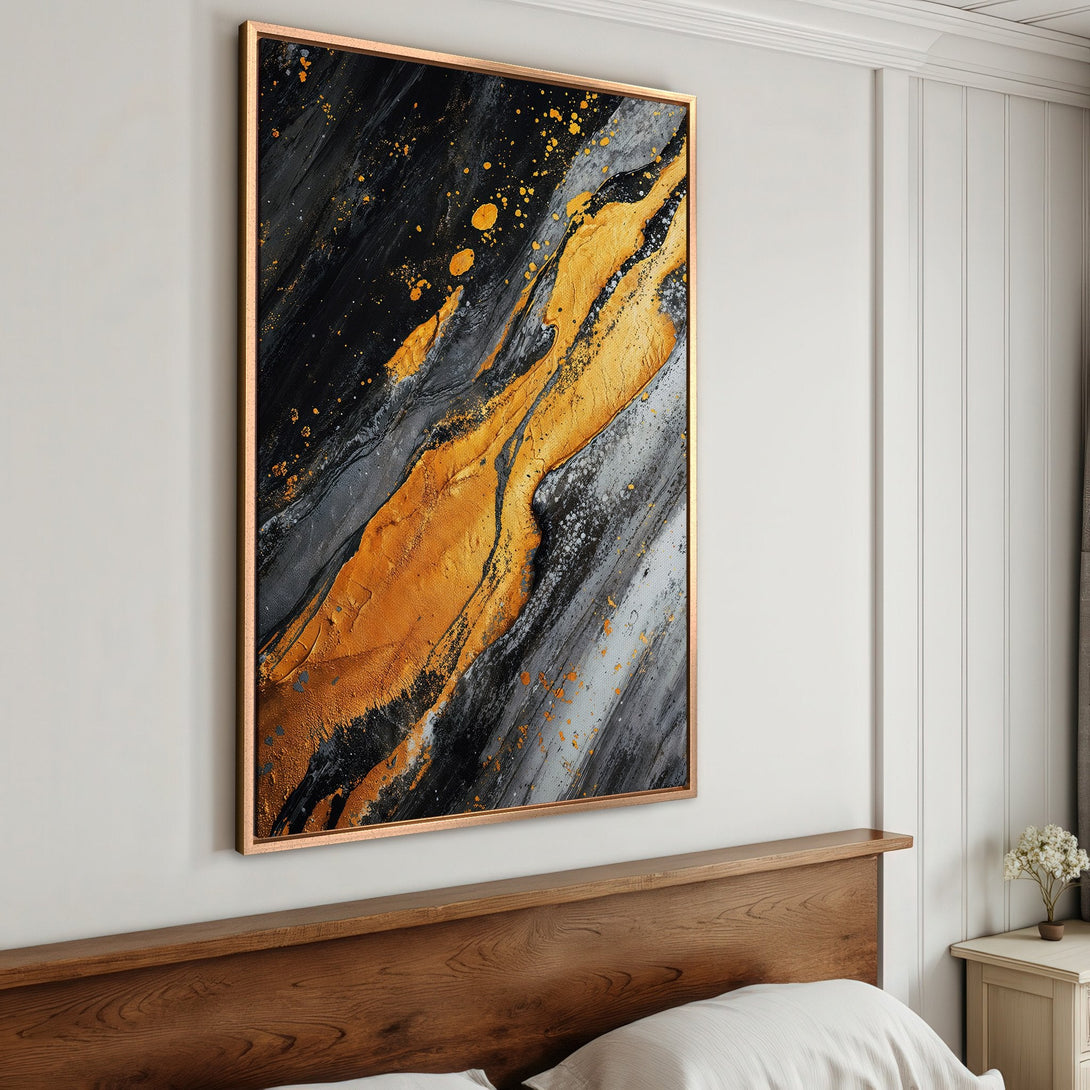 Framed Wall Art: Abstract gold, black, and gray canvas print. Modern art for home decor. Elevate your space with this stunning artwork.