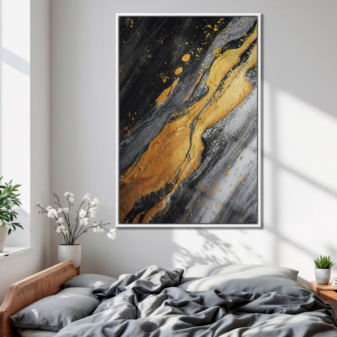 Framed Wall Art: Abstract gold and black painting. Modern art Canvas Print with a luxurious, contemporary style and a striking color palette.