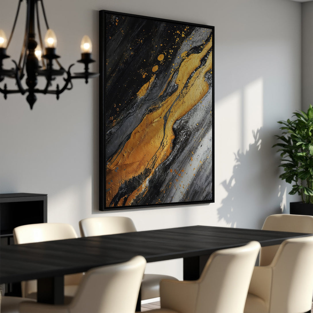 Framed Wall Art: Abstract gold, black, and gray canvas print. Modern art piece adds elegance to a dining room. Perfect for contemporary decor.