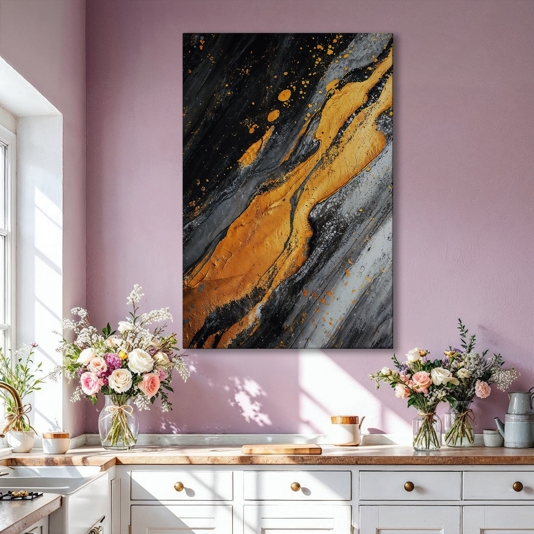 Framed Wall Art. Abstract gold, black, and gray canvas print. Modern art decor in a stylish living room. Enhance your home with this stunning piece.