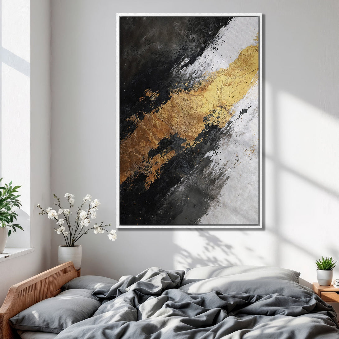 Framed Wall Art: Abstract gold, black, and white canvas print. Modern art for bedroom decor. Adds a touch of luxury and sophistication.