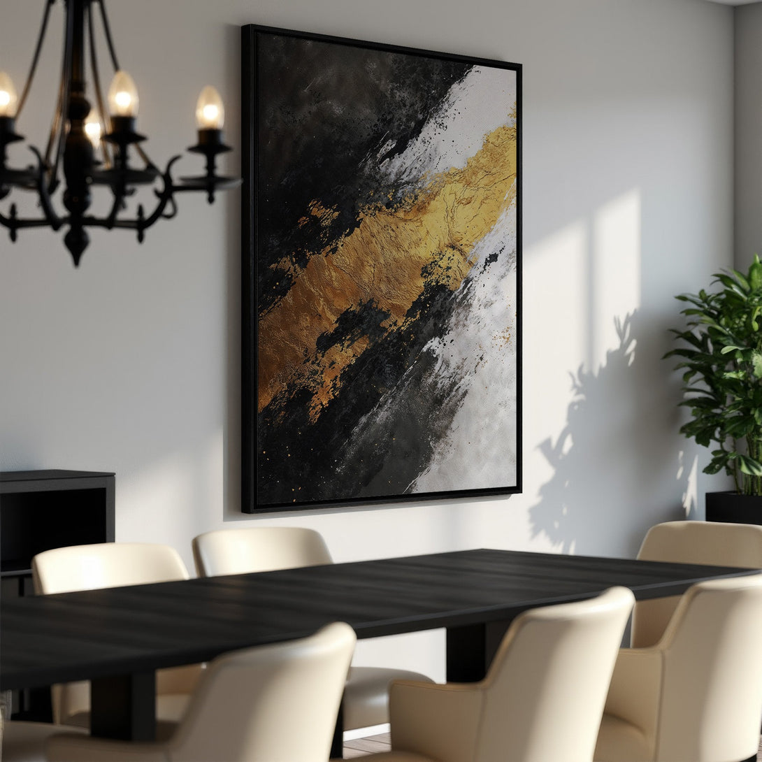 Framed Wall Art: Abstract gold, black, and white canvas print. Modern art for dining room decor. Enhance your space with stylish wall art.