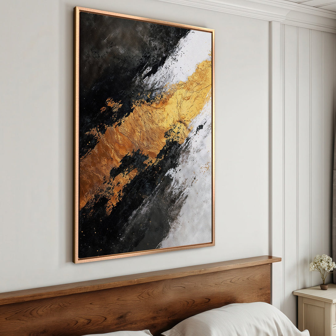 Framed Wall Art: Abstract gold, black, and white canvas print. Modern art for bedroom decor. Enhance your space with this stunning piece!