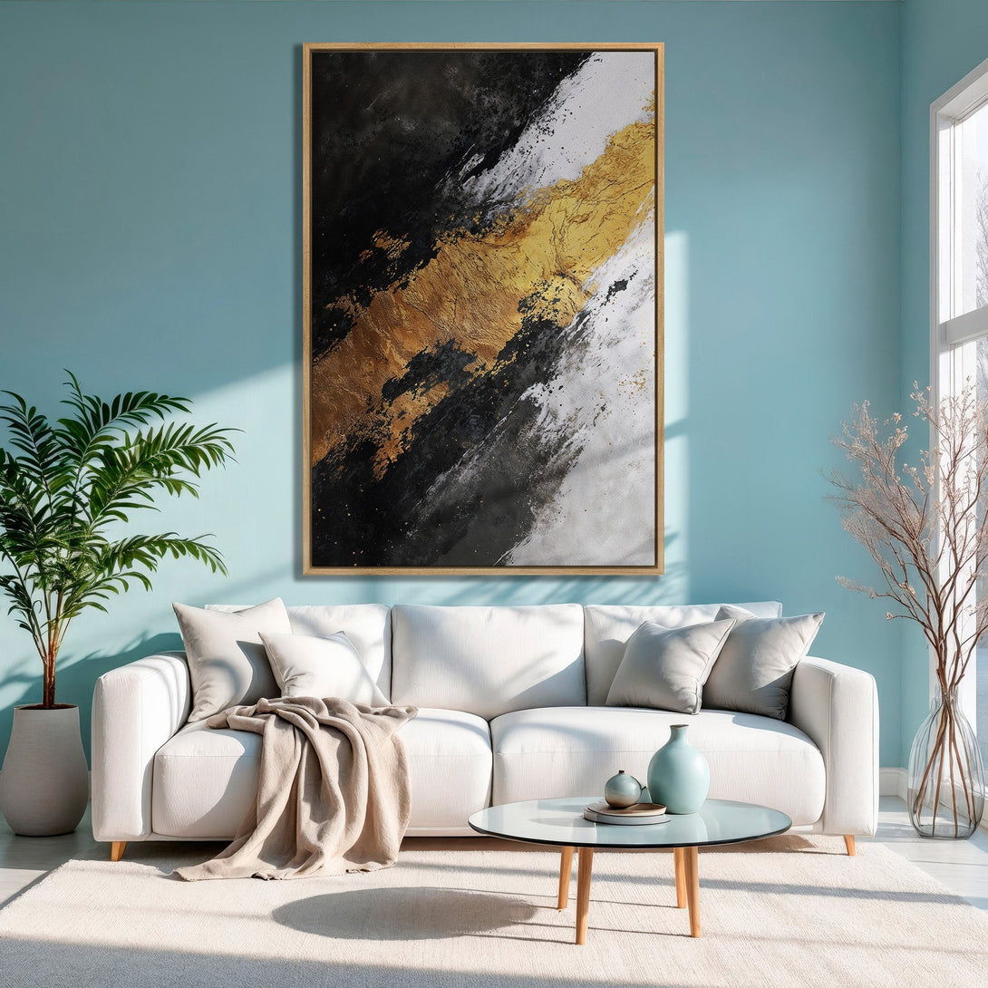 Framed Wall Art: Abstract gold, black, and white painting. Modern art canvas print adds a touch of luxury to any living room.
