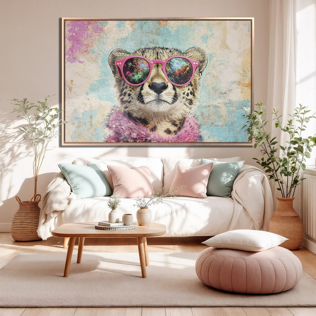 Framed Wall Art: Cool cheetah in pink sunglasses. Modern art in pastel blue and pink hues. Perfect for adding a touch of fun to your home decor.