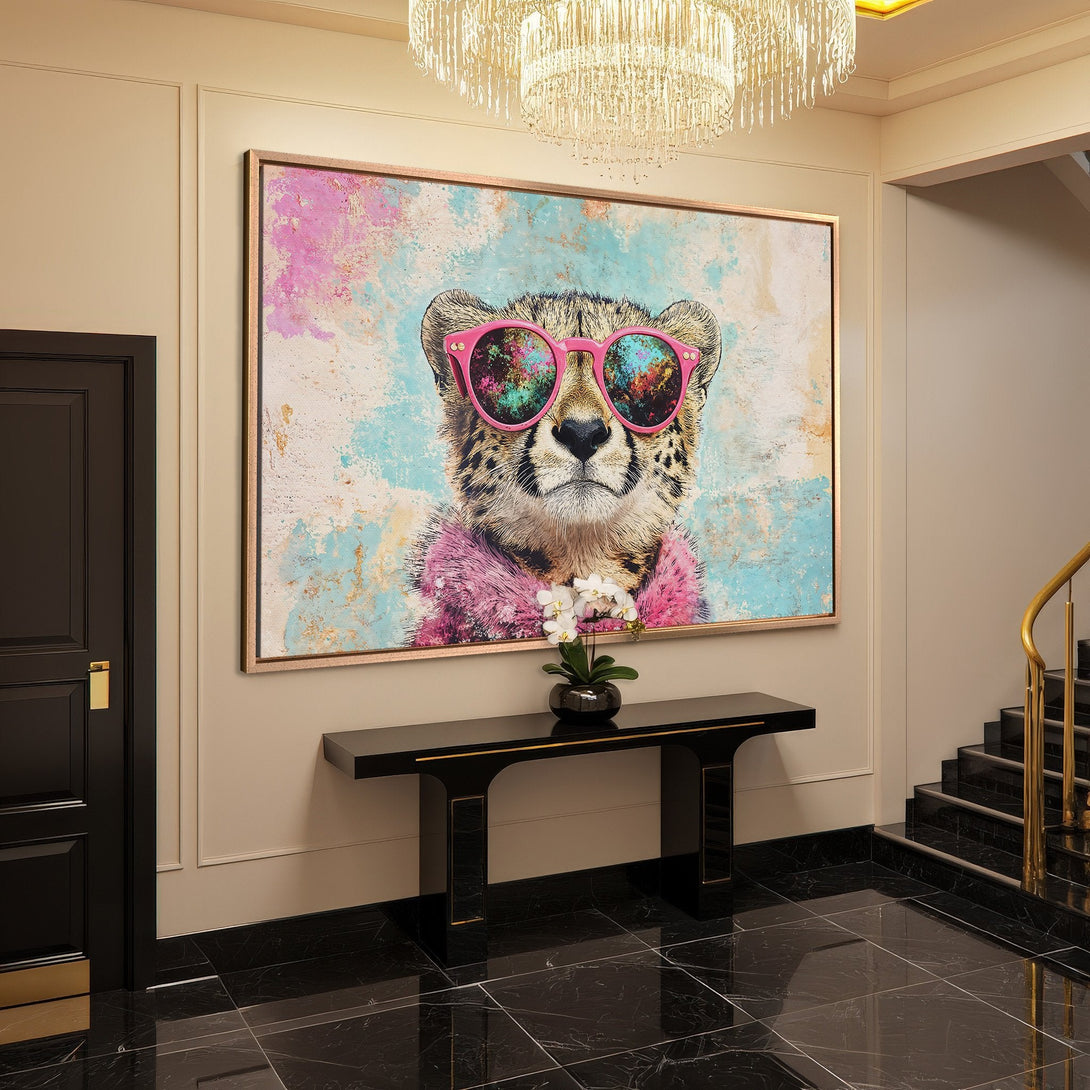 Framed Wall Art: Cool cheetah in pink sunglasses. Modern abstract style with blue, pink, and gold tones. Perfect for adding personality to your space.