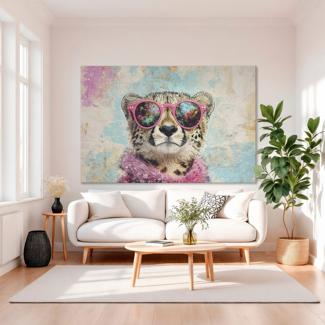 Framed Wall Art: Cool cheetah in pink sunglasses, pop art style, pastel color palette. Perfect for adding a fun, stylish touch to your home decor!