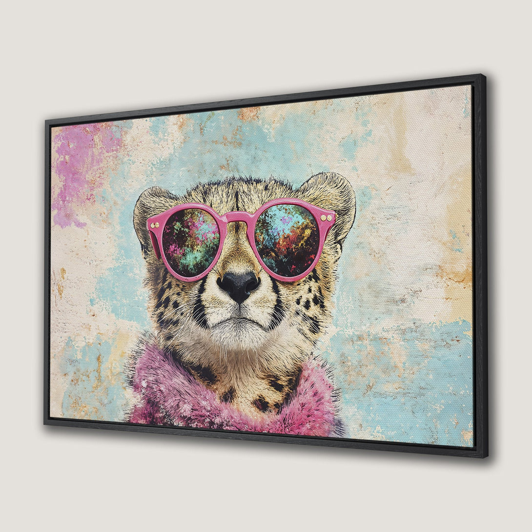Framed Wall Art: Hipster cheetah portrait with pink sunglasses, vibrant color palette. Modern canvas print for a stylish home.