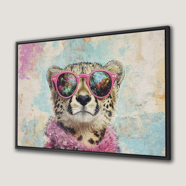Framed Wall Art: Hipster cheetah portrait with pink sunglasses, vibrant color palette. Modern canvas print for a stylish home.