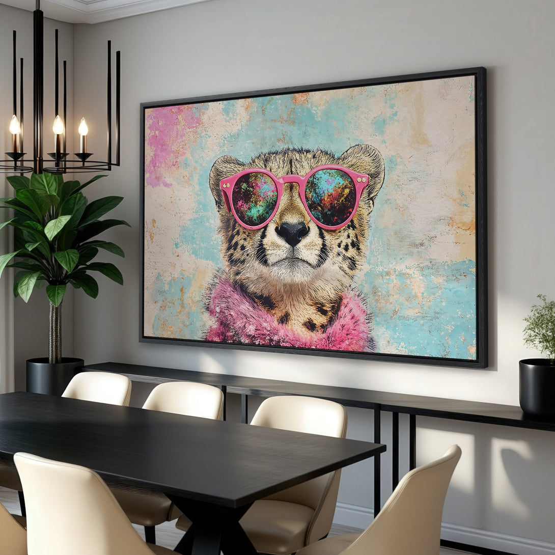Framed Wall Art: Cool cheetah portrait with pink sunglasses. Modern, colorful canvas print with a turquoise, pink, and neutral palette. Perfect for stylish home decor.