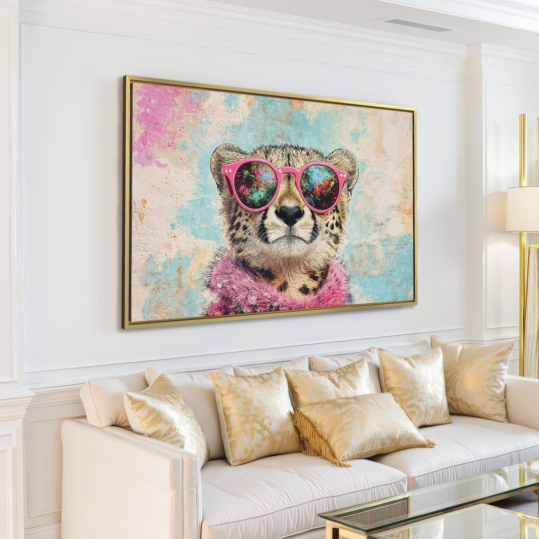 Canvas Print of a cool cheetah wearing sunglasses, featuring a vibrant, abstract color palette, perfect for modern home decor.
