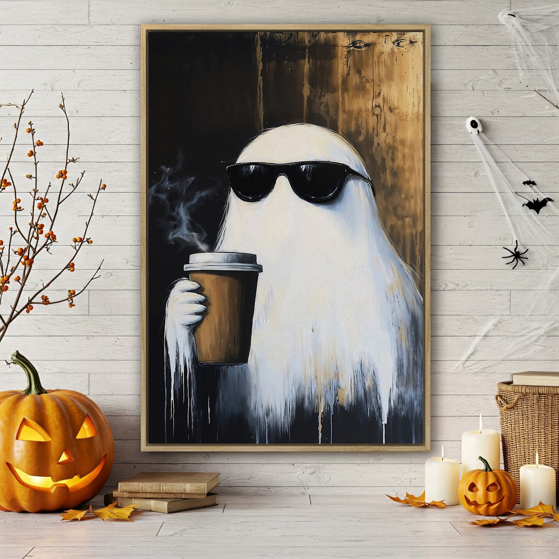 Framed Wall Art: Cool ghost in sunglasses enjoying coffee. Modern art in black, white, and brown. Perfect for Halloween decor!