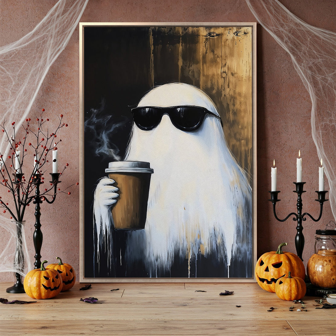 Framed Wall Art: Cool ghost in sunglasses holding coffee, modern art style. Black, white, and gold color palette. Perfect Halloween decor!
