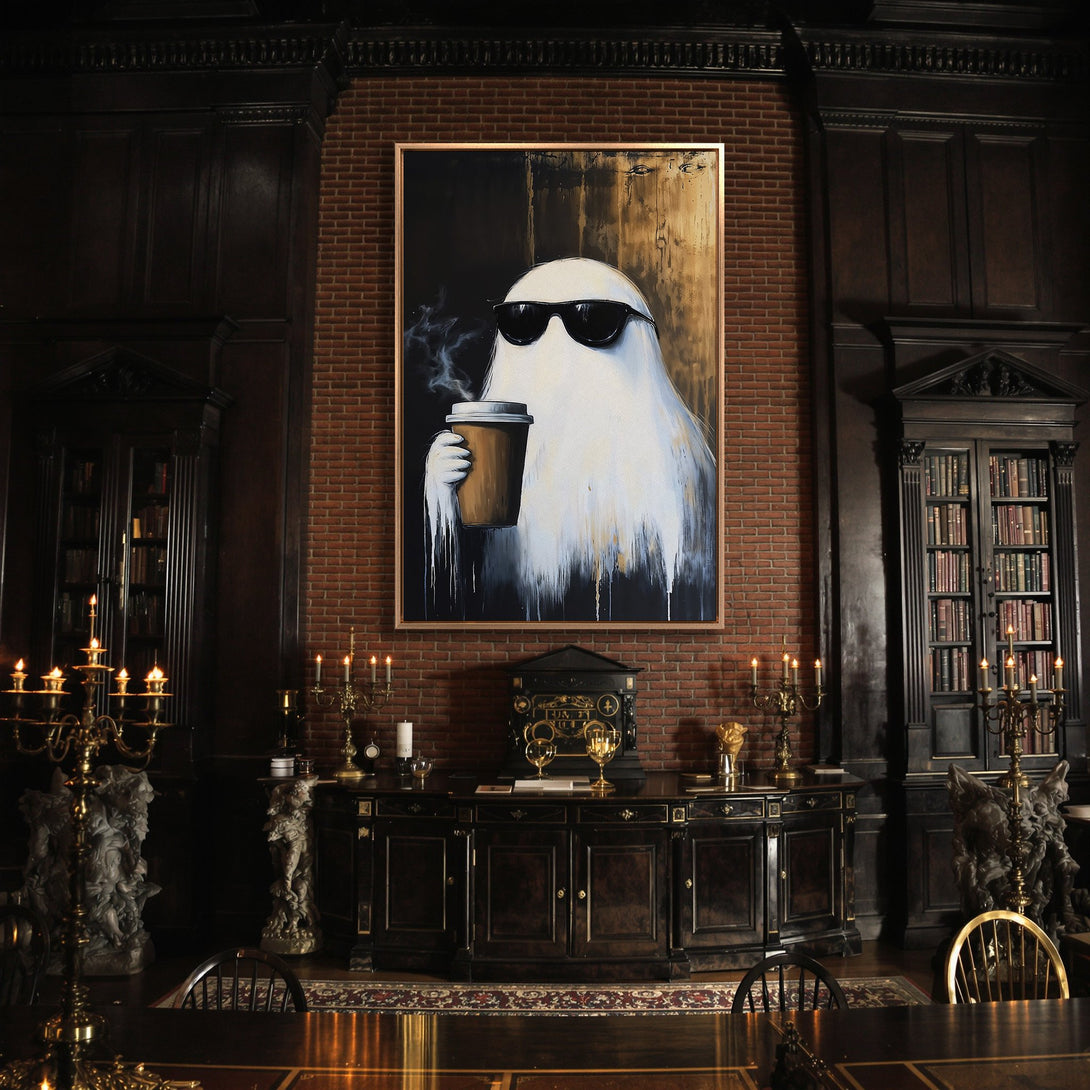 Framed Wall Art: Cool ghost enjoying coffee. Modern art in a luxurious interior with a dark, moody color palette. Perfect for adding a unique touch.