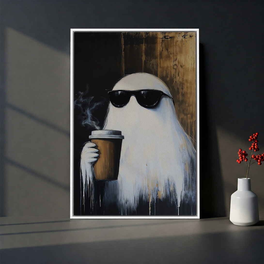 Framed Wall Art featuring a cool ghost with sunglasses, holding coffee. Modern art style with a neutral, black, white, and brown color palette. Perfect for home decor!