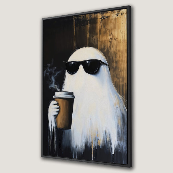 Framed Wall Art: Cool ghost with sunglasses enjoying coffee. Modern art with white, black, and gold color palette. Perfect for adding a touch of humor to your decor.