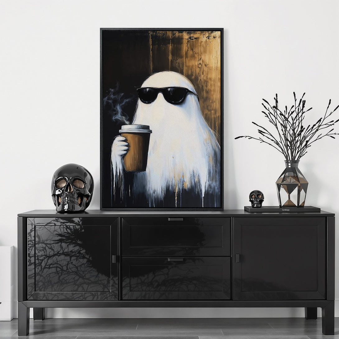 Framed Wall Art featuring a cool ghost with sunglasses and coffee, in a modern style with a black, white, and gold color palette. Perfect for Halloween decor!