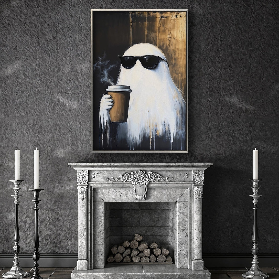 Framed Wall Art: Cool ghost enjoying coffee. Modern art in a black, white, and brown color palette. Perfect for adding a touch of humor to any space.