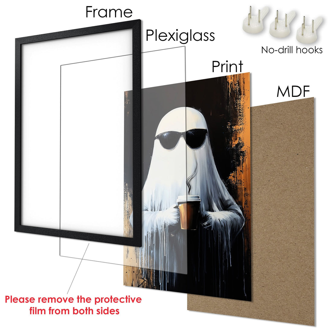 Framed Poster featuring a cool ghost in sunglasses, modern art style, black, white & orange color palette. Perfect wall decor!