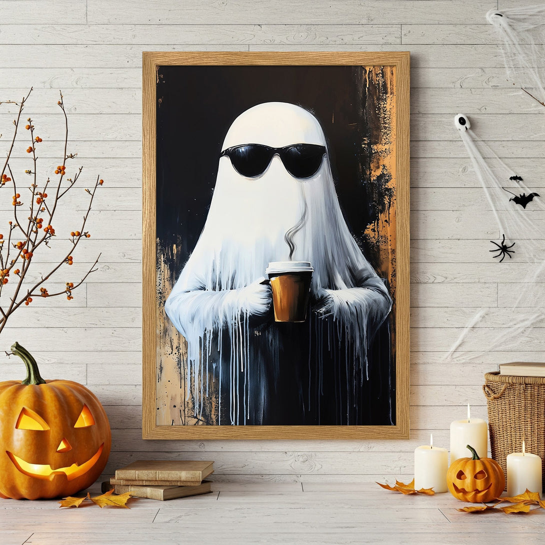 Framed Poster of a cool ghost in sunglasses with coffee, modern art style, black, white, and gold color palette. Perfect Halloween decor!