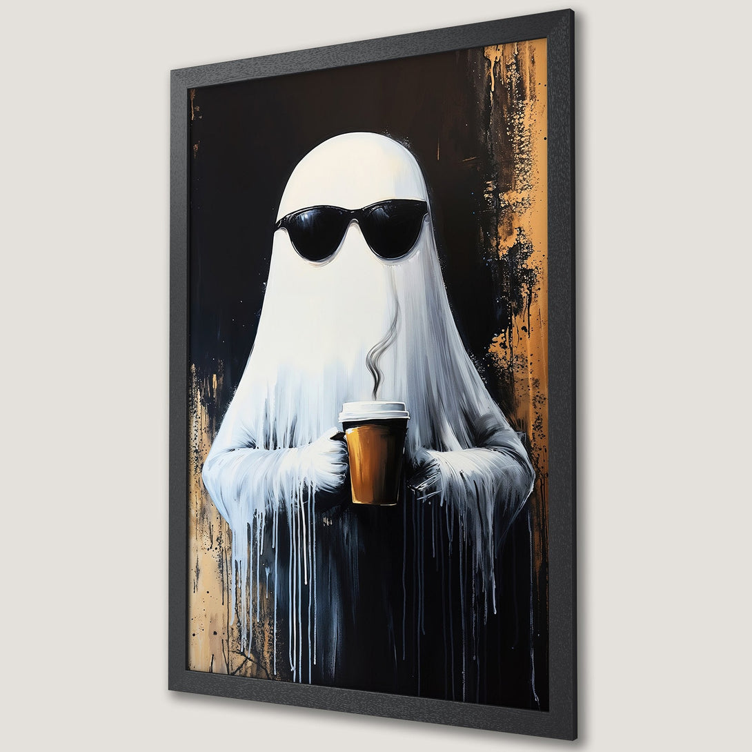 Framed Poster of a cool ghost with sunglasses, holding coffee. Modern art style with black, white, and gold color palette. Perfect wall decor!