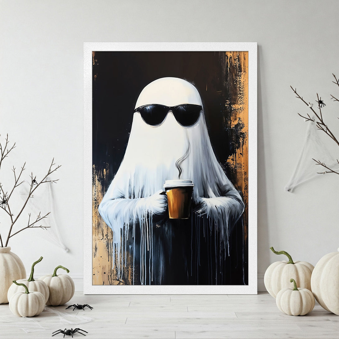 Framed Poster featuring a cool ghost with sunglasses, holding coffee. Modern art style with black, white, and gold color palette. Perfect Halloween decor.