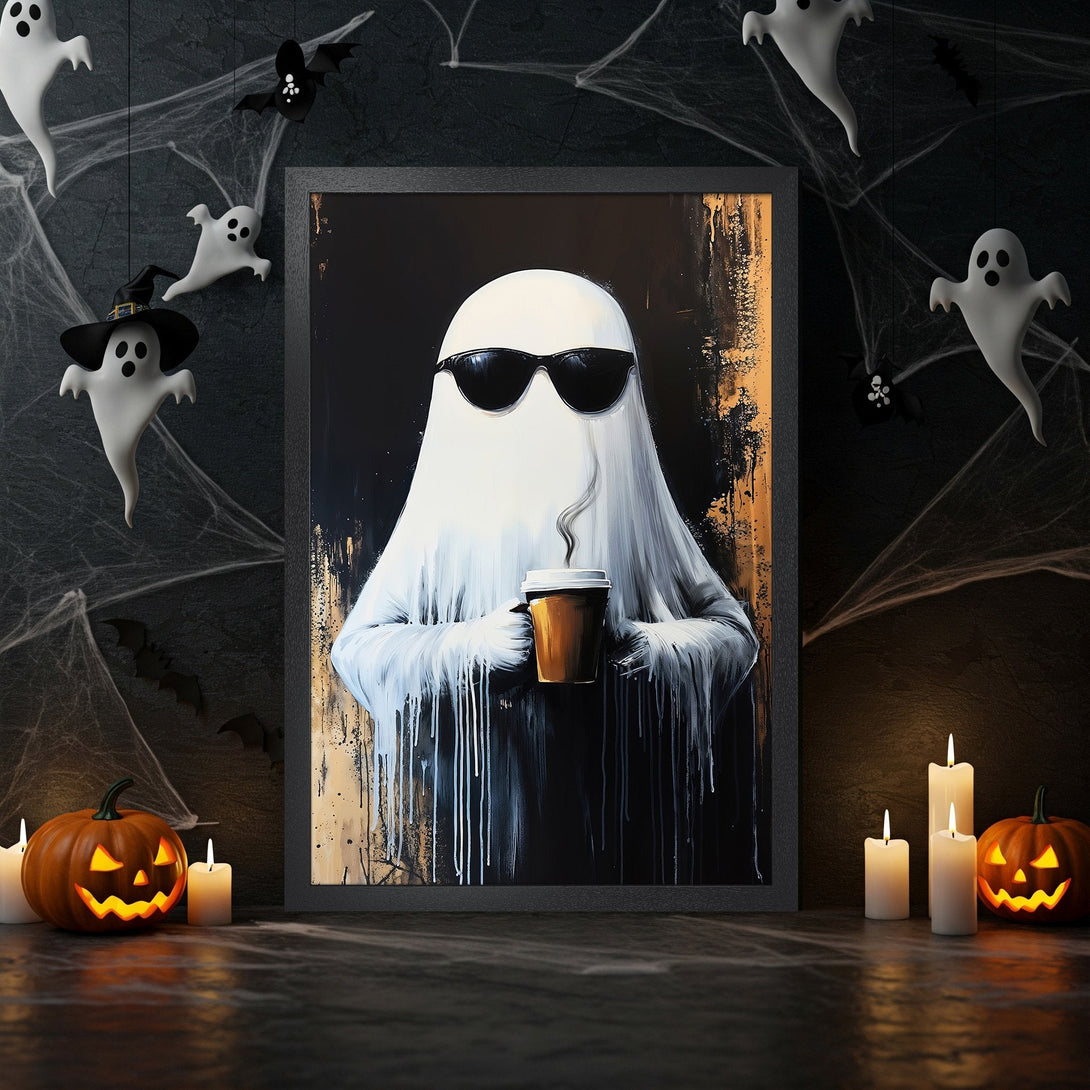 Framed Poster: Cool ghost with coffee, modern art style. Black, white, and gold color palette. Perfect Halloween decor!