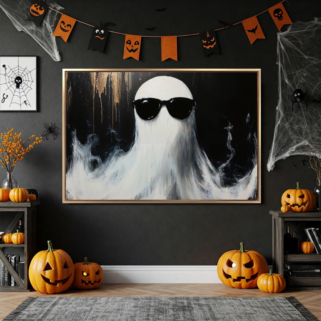 Framed Wall Art: Cool ghost with sunglasses in black & white abstract style. Halloween decor with gold accents. Perfect for spooky season!