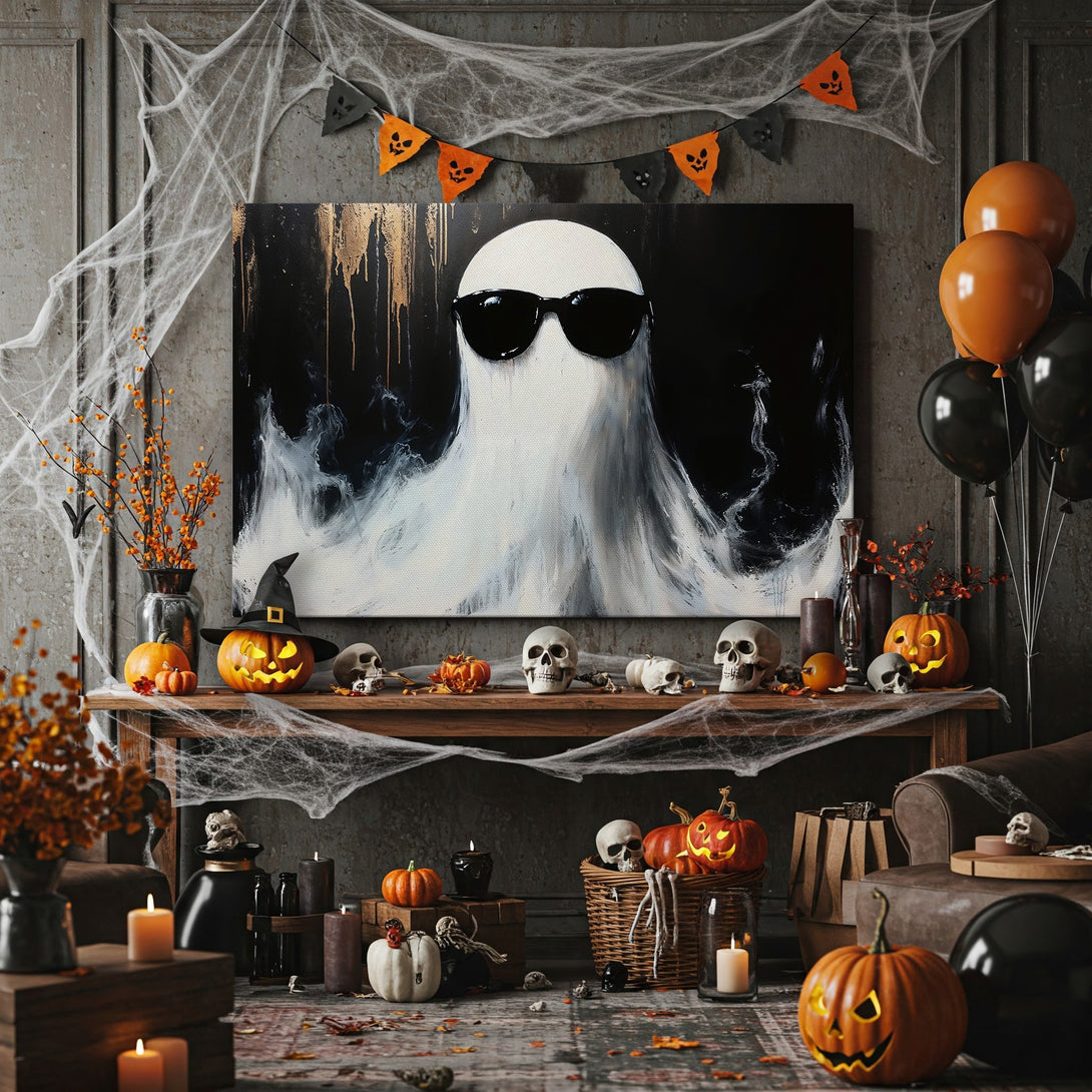 Framed Wall Art: Cool ghost with sunglasses, modern abstract style, black & white with gold accents. Perfect Halloween decor!