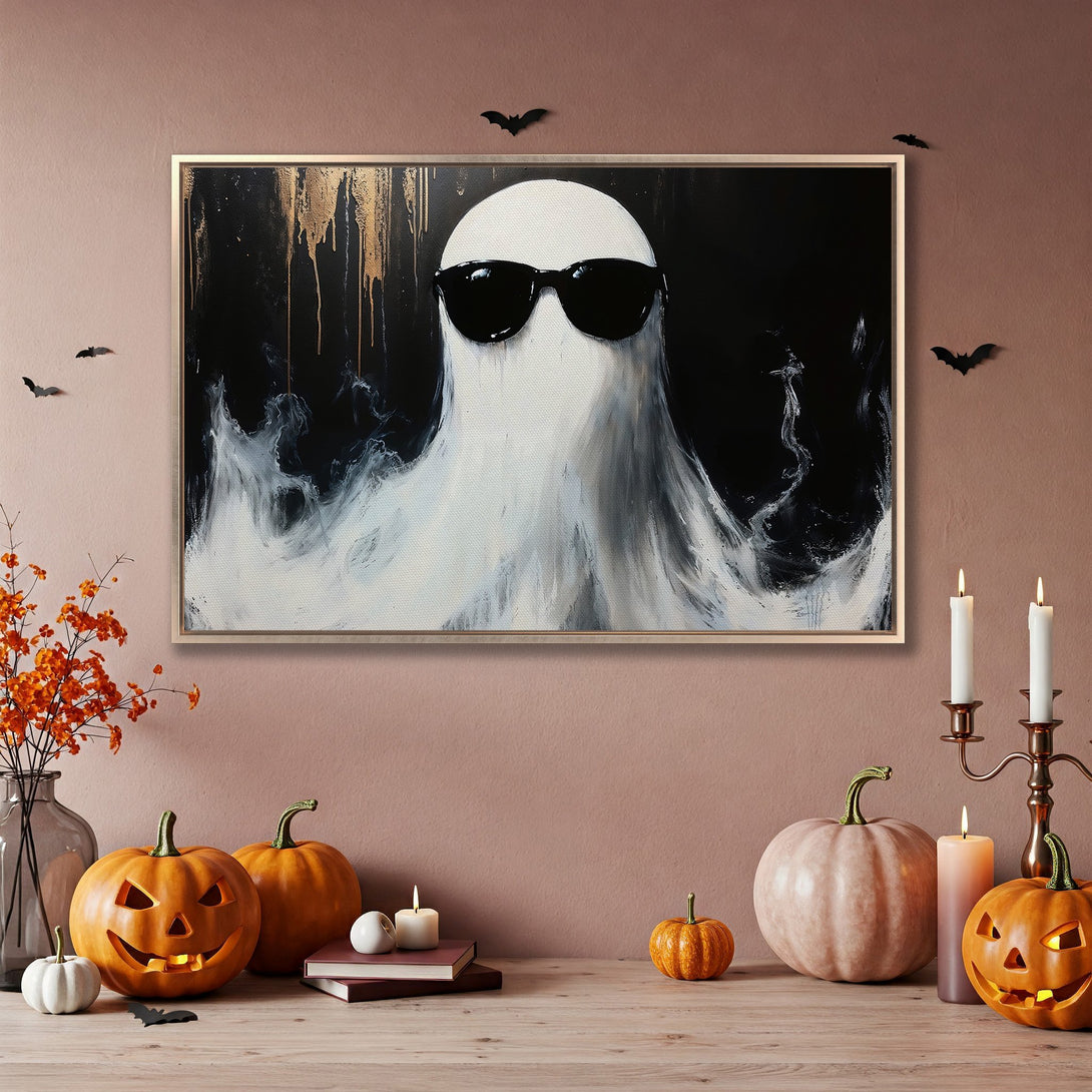Framed Wall Art: Cool ghost wearing sunglasses, modern black & white art with gold accents, perfect for Halloween decor.