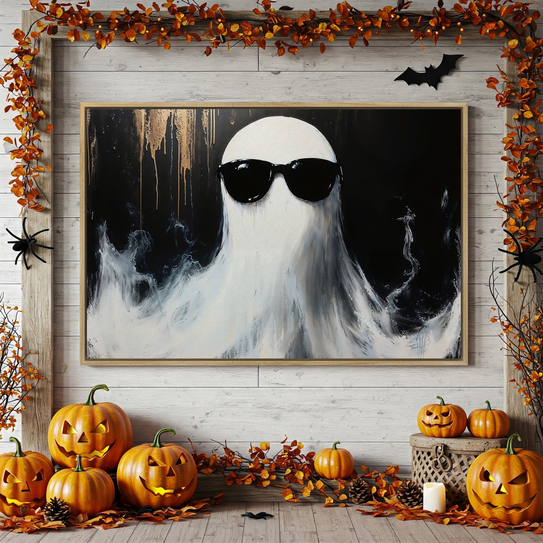 Framed Wall Art: Spooky ghost art in black, white, and gold. Halloween decor with pumpkins and fall leaves. Perfect for a haunted home!