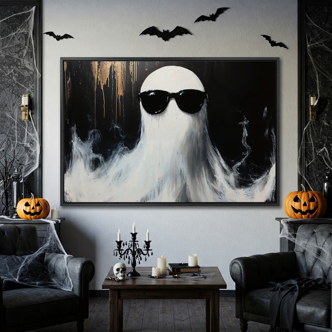 Framed Wall Art: Cool ghost wearing sunglasses. Modern, abstract style in black, white, and gold. Perfect Halloween decor for a stylish space.