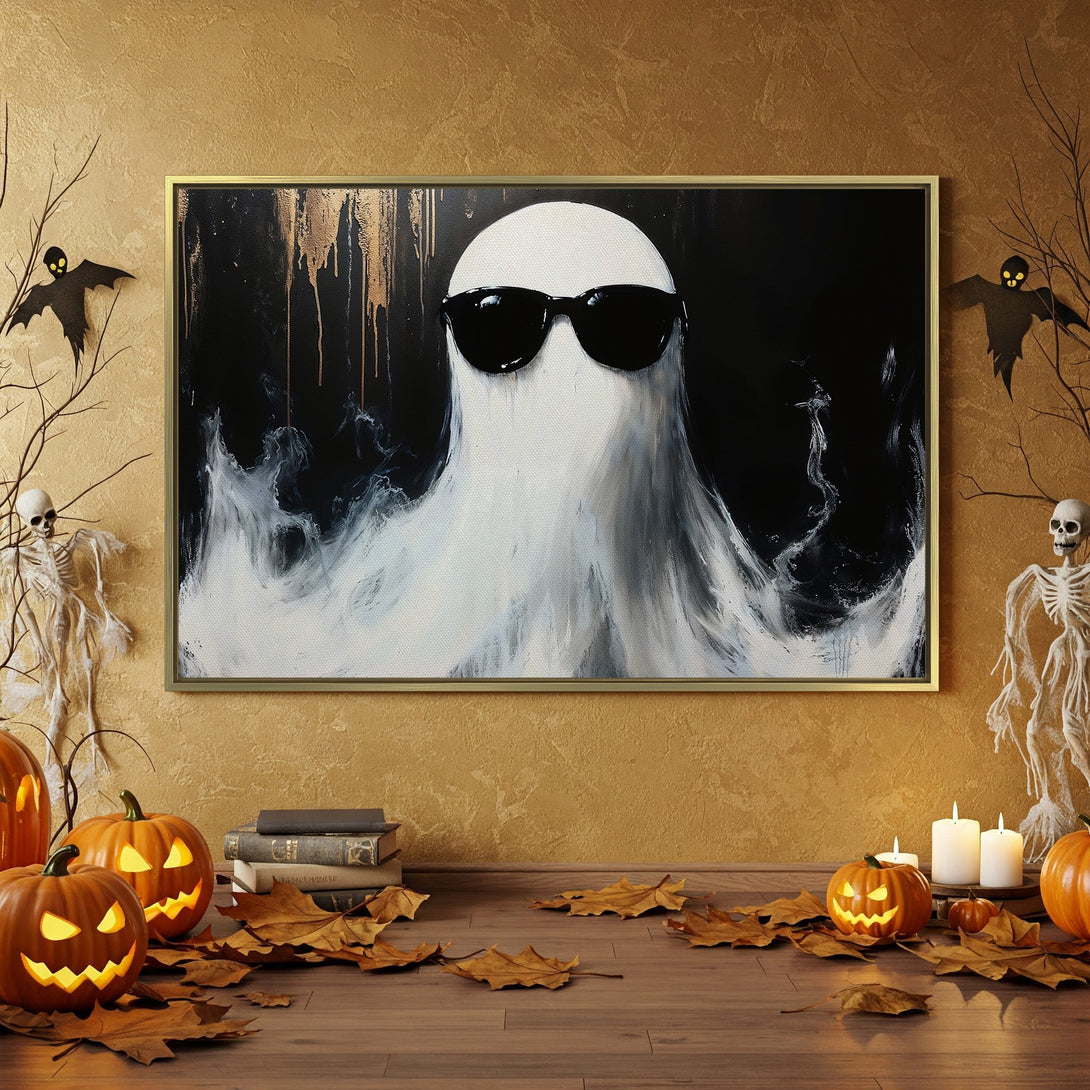 Halloween Canvas Print featuring a cool ghost with sunglasses, perfect for spooky decor. Black, white, and orange color palette.