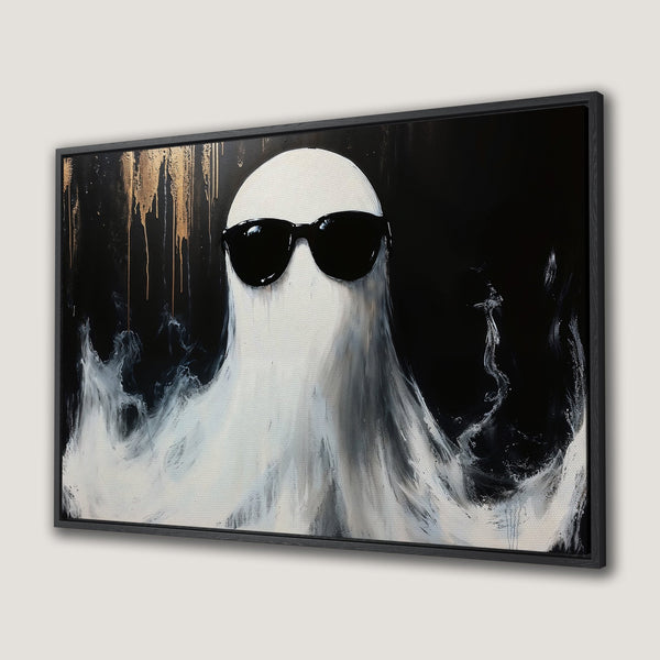 Framed Wall Art: Cool ghost in sunglasses, modern abstract art in black, white, and gold. Perfect for a unique home decor statement.