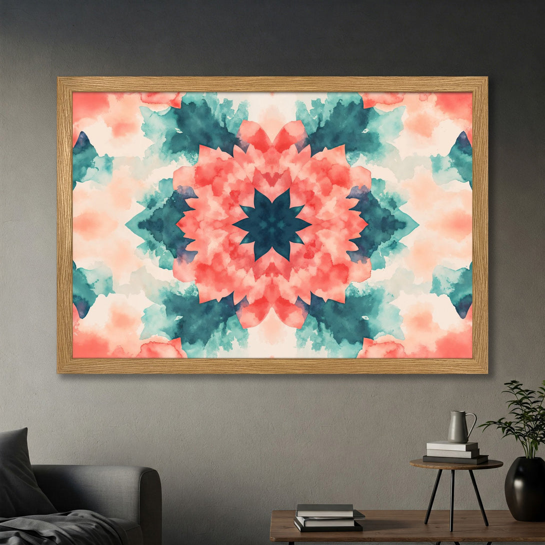 Framed Poster of a watercolor floral design in coral, teal, and cream. Modern art for home decor.