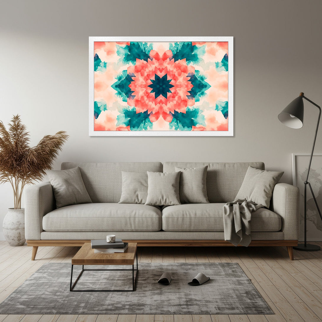 Framed Poster featuring an abstract watercolor design in coral, teal, and blue. Modern art for your home!