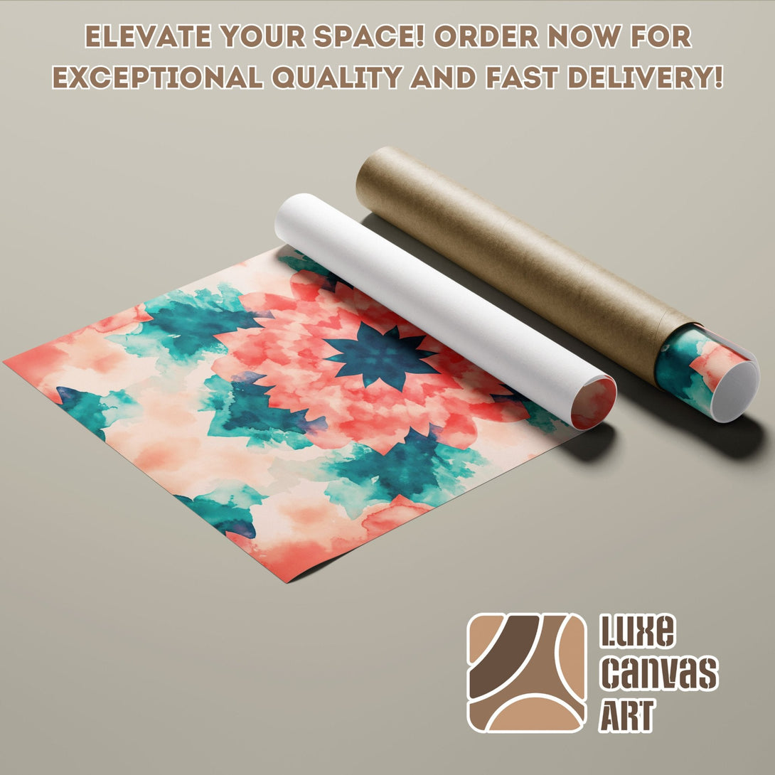 Abstract floral Poster Roll in watercolor style, featuring a coral, teal, and beige color palette. Elevate your space!