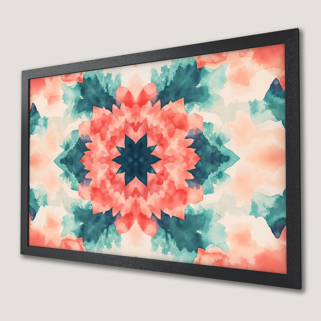 Framed Poster featuring a watercolor floral design in coral, teal, and cream. Modern art print for home decor.