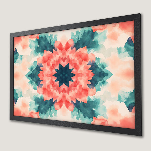 Framed Poster featuring a watercolor floral design in coral, teal, and cream. Modern art print for home decor.
