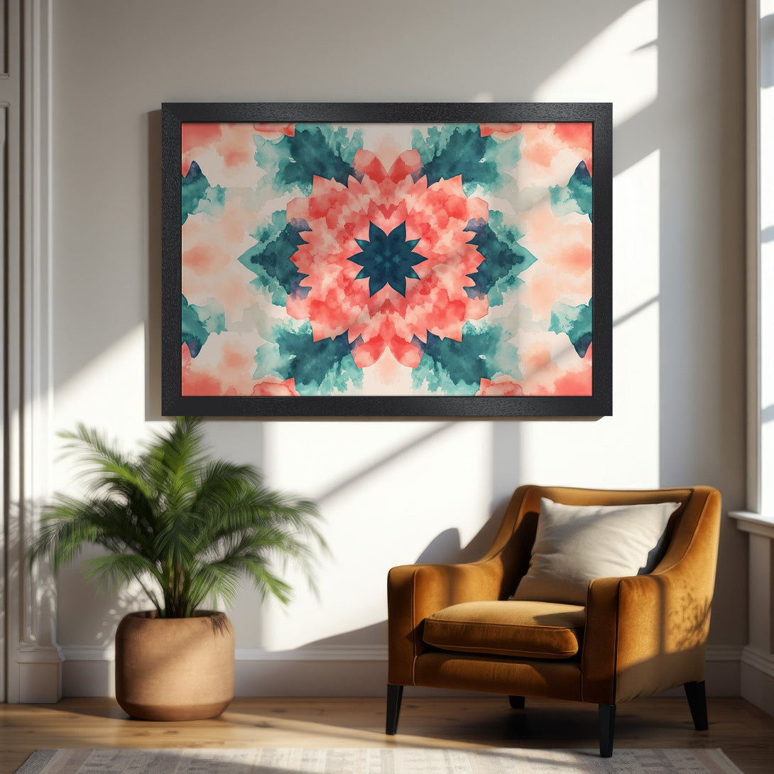 Framed Poster featuring a watercolor floral design in teal, coral, and peach. Modern art print for home decor.