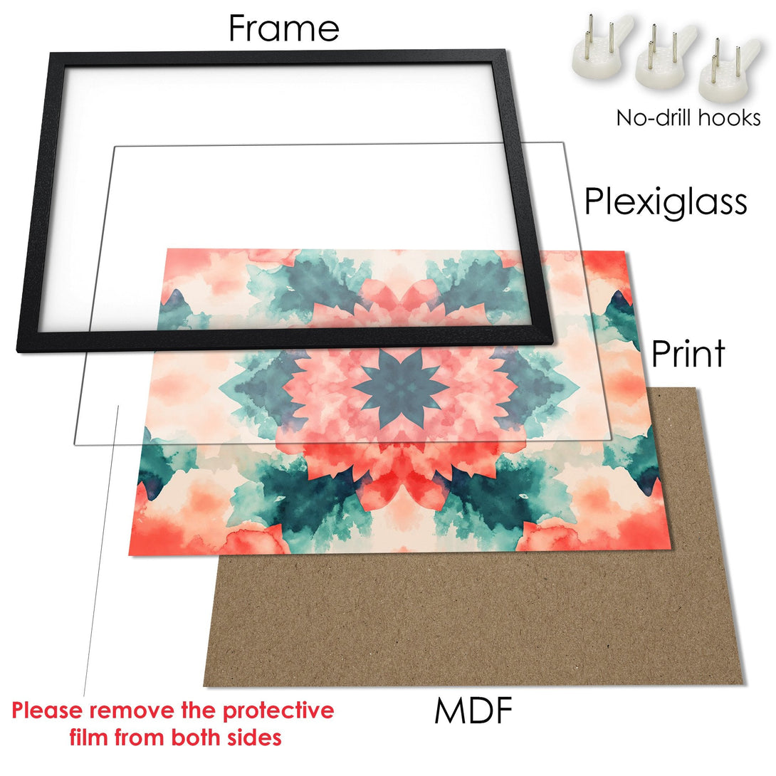 Framed Poster with abstract watercolor design in coral, teal, and cream. Perfect wall art for any space!