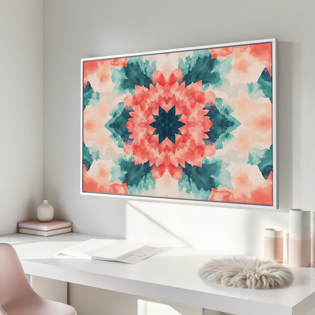 Framed Wall Art featuring a watercolor floral design in coral, teal, and blush tones. Modern art for your home decor.