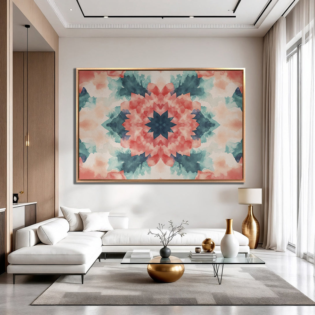 Framed Wall Art featuring a vibrant watercolor floral design in a modern living room. Soft pink, teal, and navy hues add a pop of color to any space.