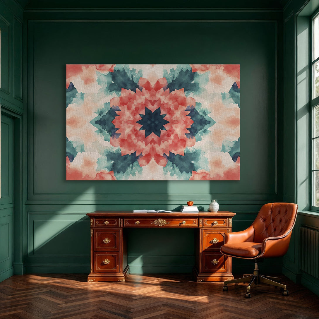 Framed Wall Art: Abstract watercolor floral design in coral, teal, and peach. Modern art for dining room decor. Enhance your space with this Canvas Print!