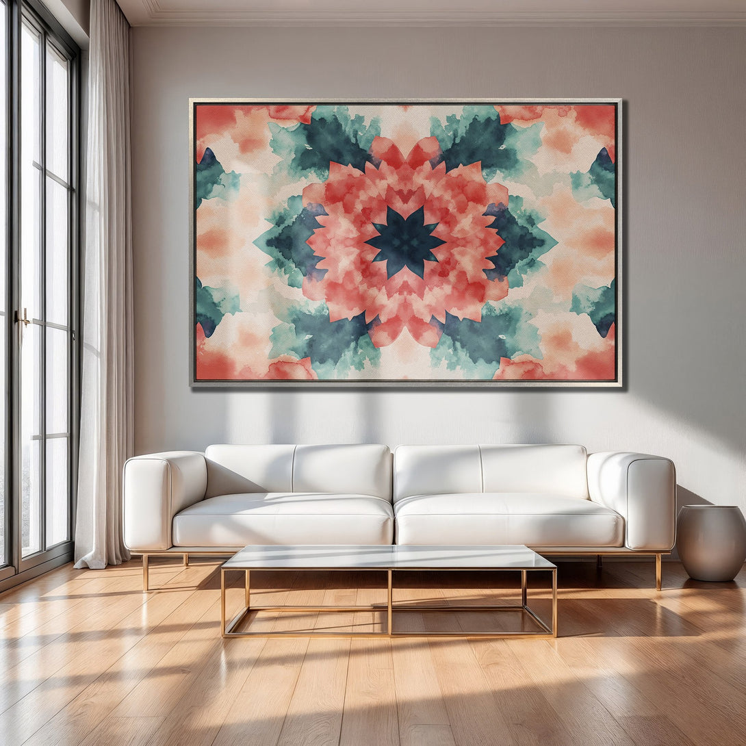 Framed Wall Art featuring a watercolor floral design in coral, teal, and beige. Modern living room decor with a calming color palette.