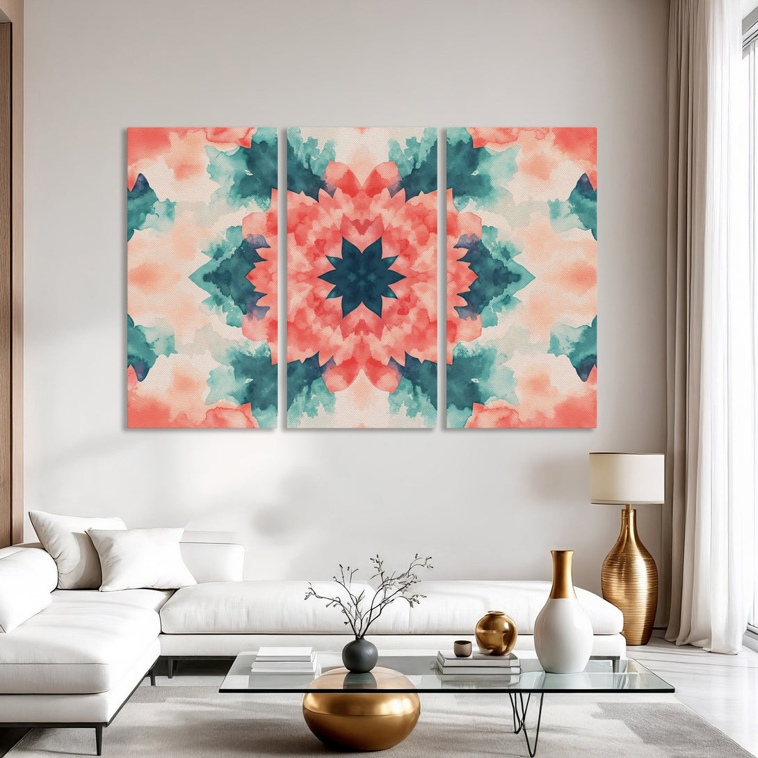 Canvas Print of a watercolor floral design in coral, teal, and cream tones, adding a touch of modern art to a living room.